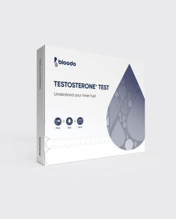 Box for a testosterone test kit labeled 'TESTOSTERONE+ TEST' with the Bloodo logo and a large blue drop illustration.