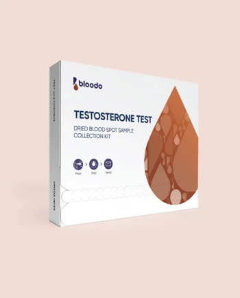 Box for a testosterone test dried blood spot collection kit by Bloodo, with a large brown drop graphic.